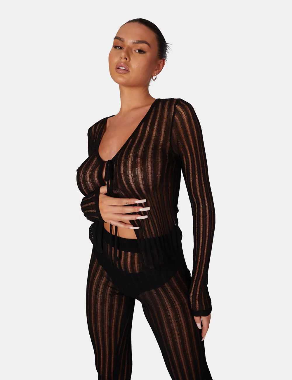 Tie Front Ladder Stitch Long Sleeve Knitted Cardigan sold by Public Desire product image thumbnail 4