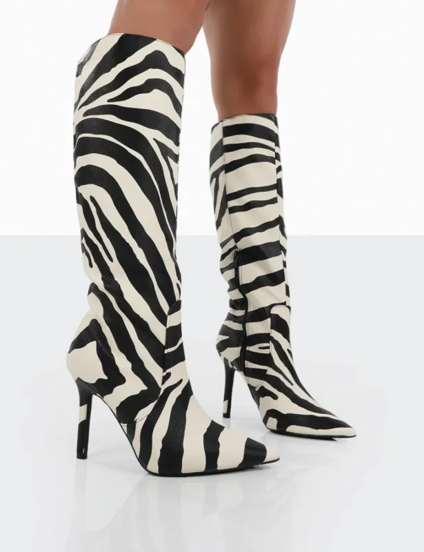 Best Believe Zebra PU Pointed Toe Heeled Knee High Boots sold by Public Desire
