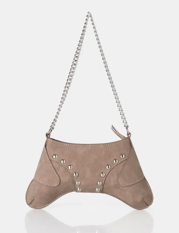 The Carmen Taupe Saddle Studded Chain Detail Shoulder Bag sold by Public Desire