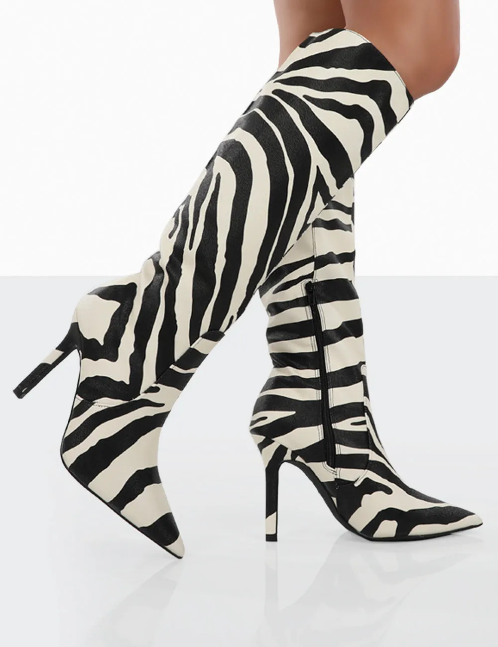 Best Believe Zebra PU Pointed Toe Heeled Knee High Boots sold by Public Desire product image thumbnail 4