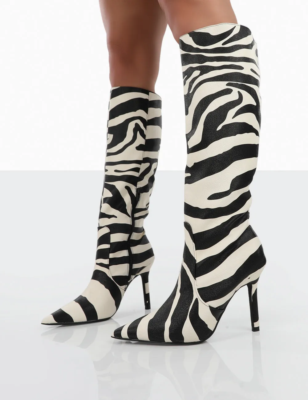 Best Believe Zebra PU Pointed Toe Heeled Knee High Boots sold by Public Desire product image thumbnail 3