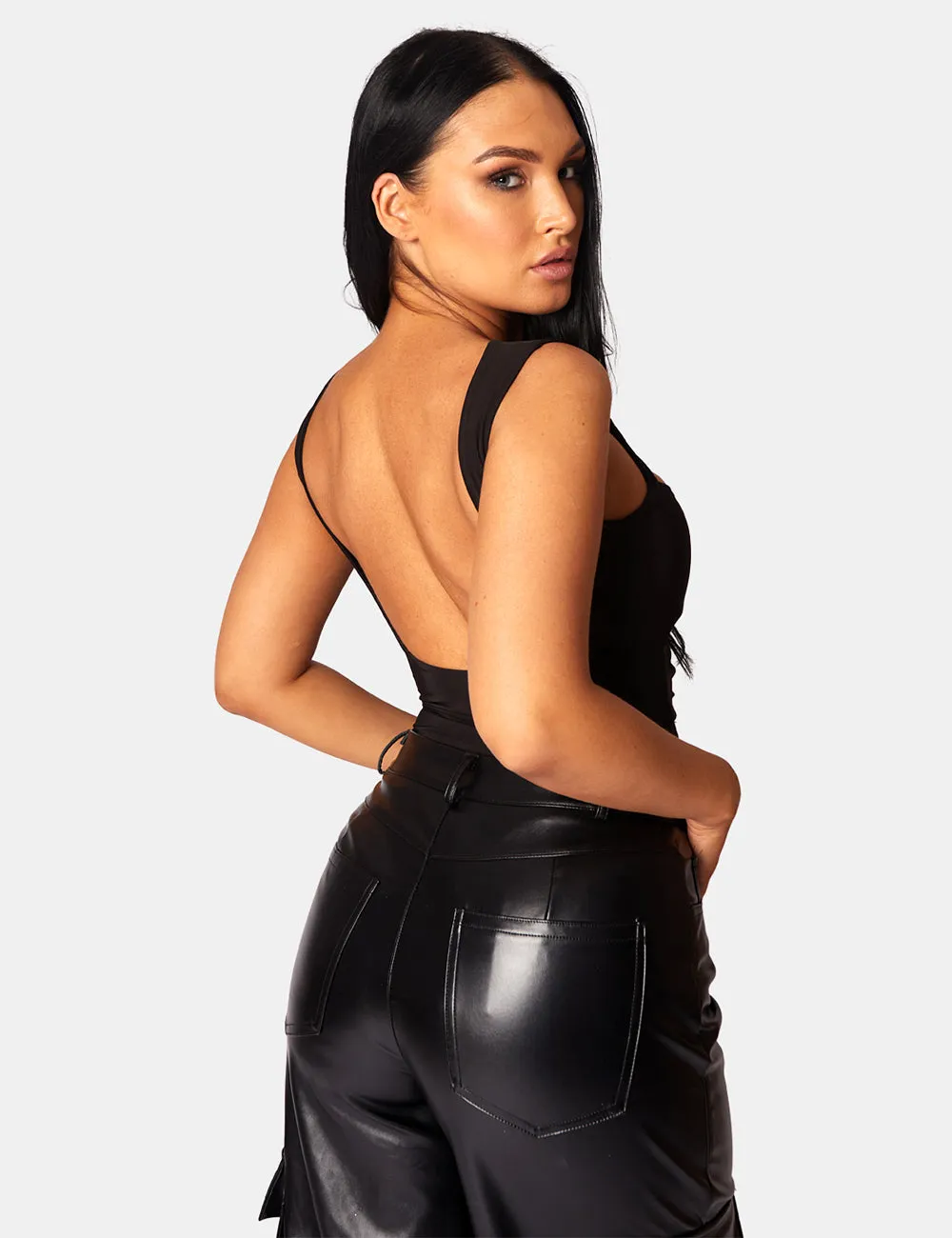 ASYMMETRIC WAISTBAND PU CARGO TROUSERS BLACK sold by Public Desire product image thumbnail 2