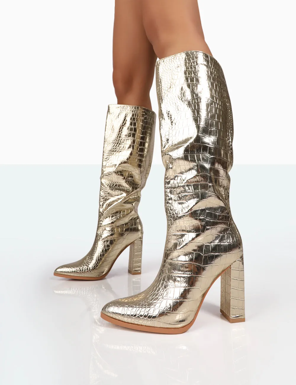 Posie Gold Croc Pu Knee High Block Heel Boots sold by Public Desire product image thumbnail 2