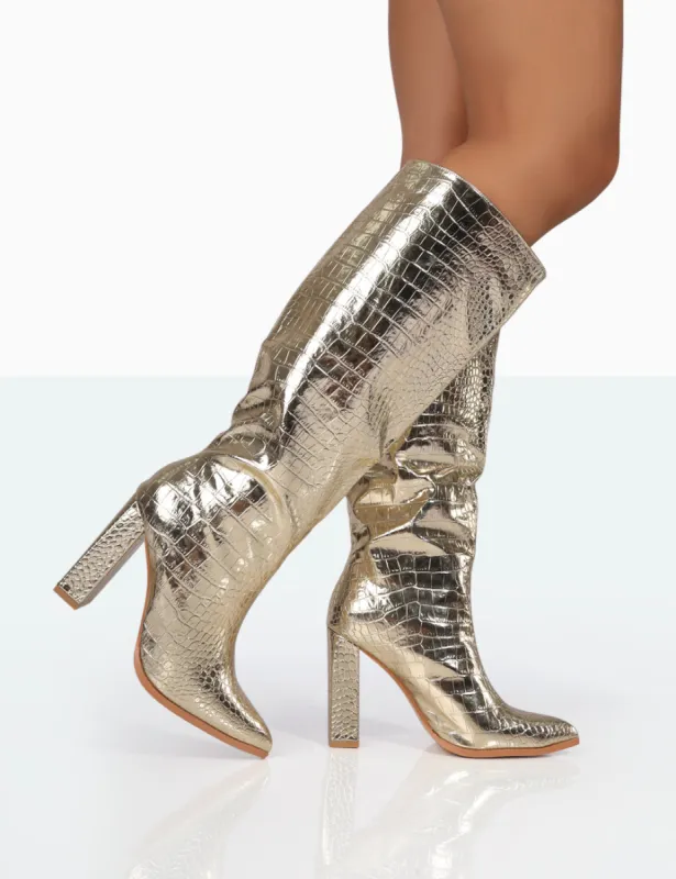 Posie Gold Croc Pu Knee High Block Heel Boots sold by Public Desire