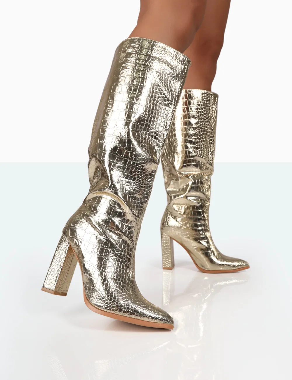 Posie Gold Croc Pu Knee High Block Heel Boots sold by Public Desire product image thumbnail 3