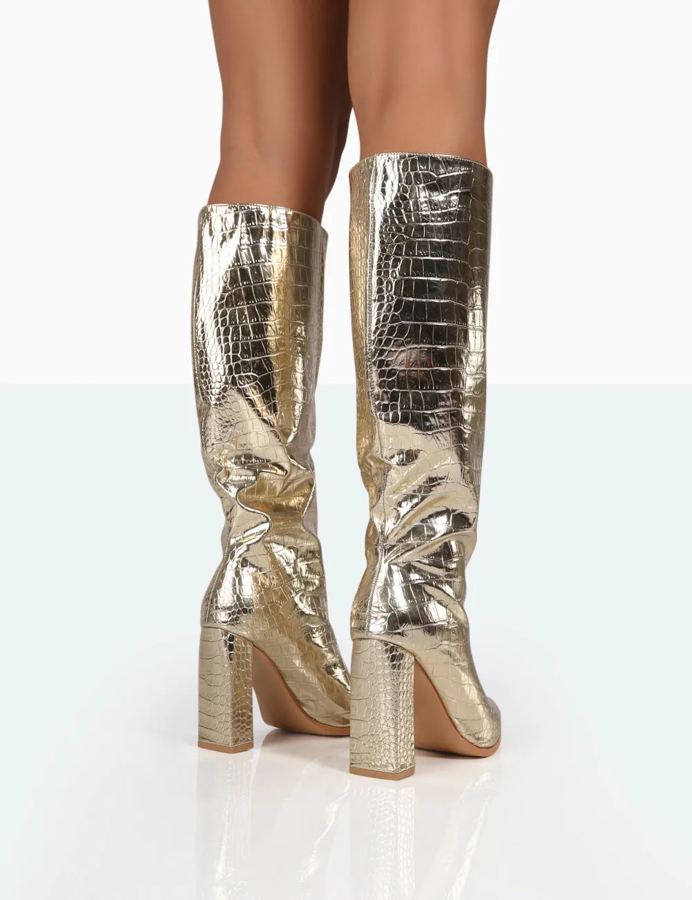 Posie Gold Croc Pu Knee High Block Heel Boots sold by Public Desire product image thumbnail 4