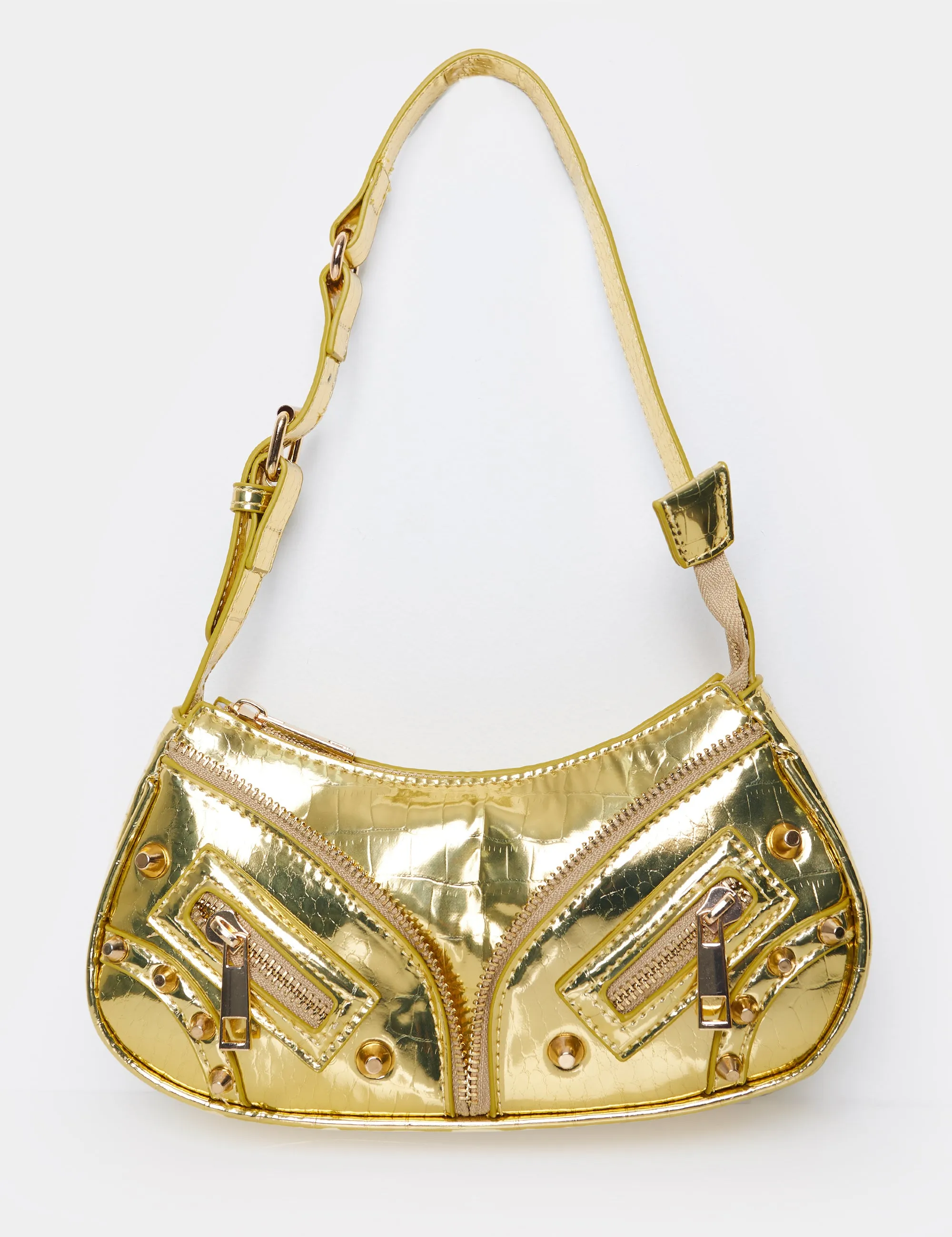 The Candice Zip Detailed Gold Croc Shoulder Bag sold by Public Desire