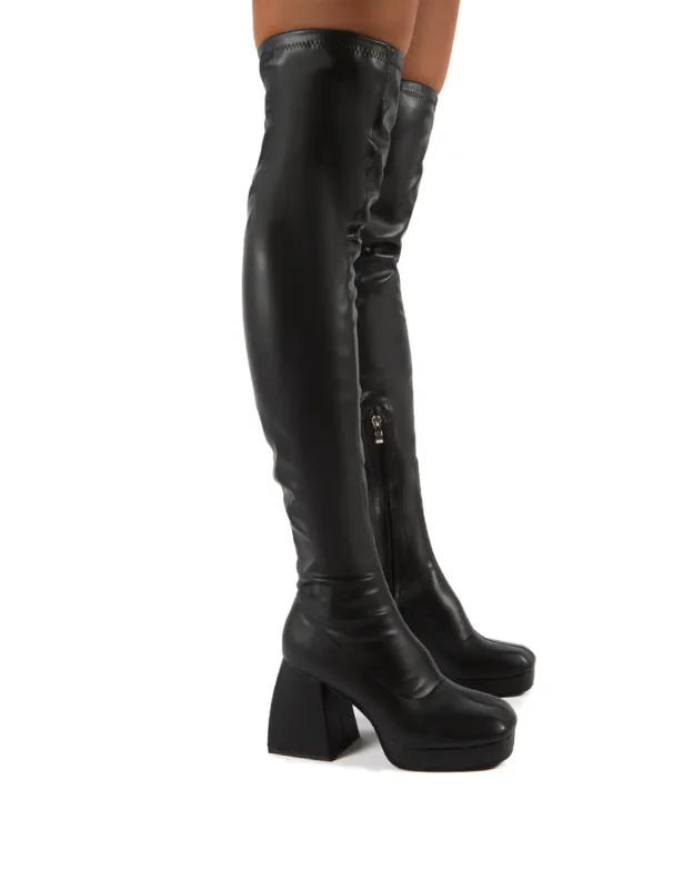 Chrome Black Patent Chunky Heel Over The Knee Boots sold by Public Desire