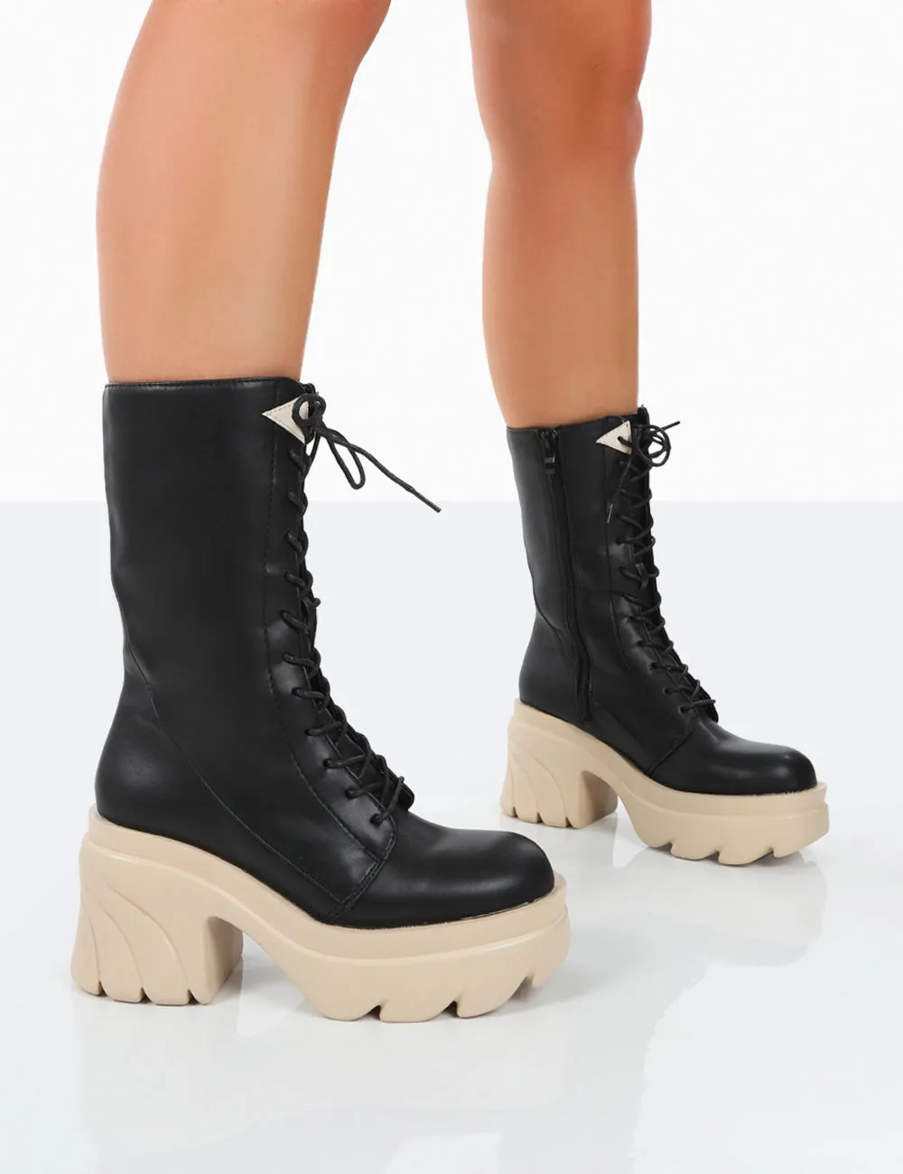 Ever Black Beige Laced Platform Chunky Sole Ankle Boots sold by Public Desire