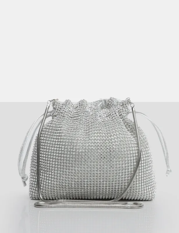 The Claudette Silver Diamante Draw String Crossbody Bag sold by Public Desire