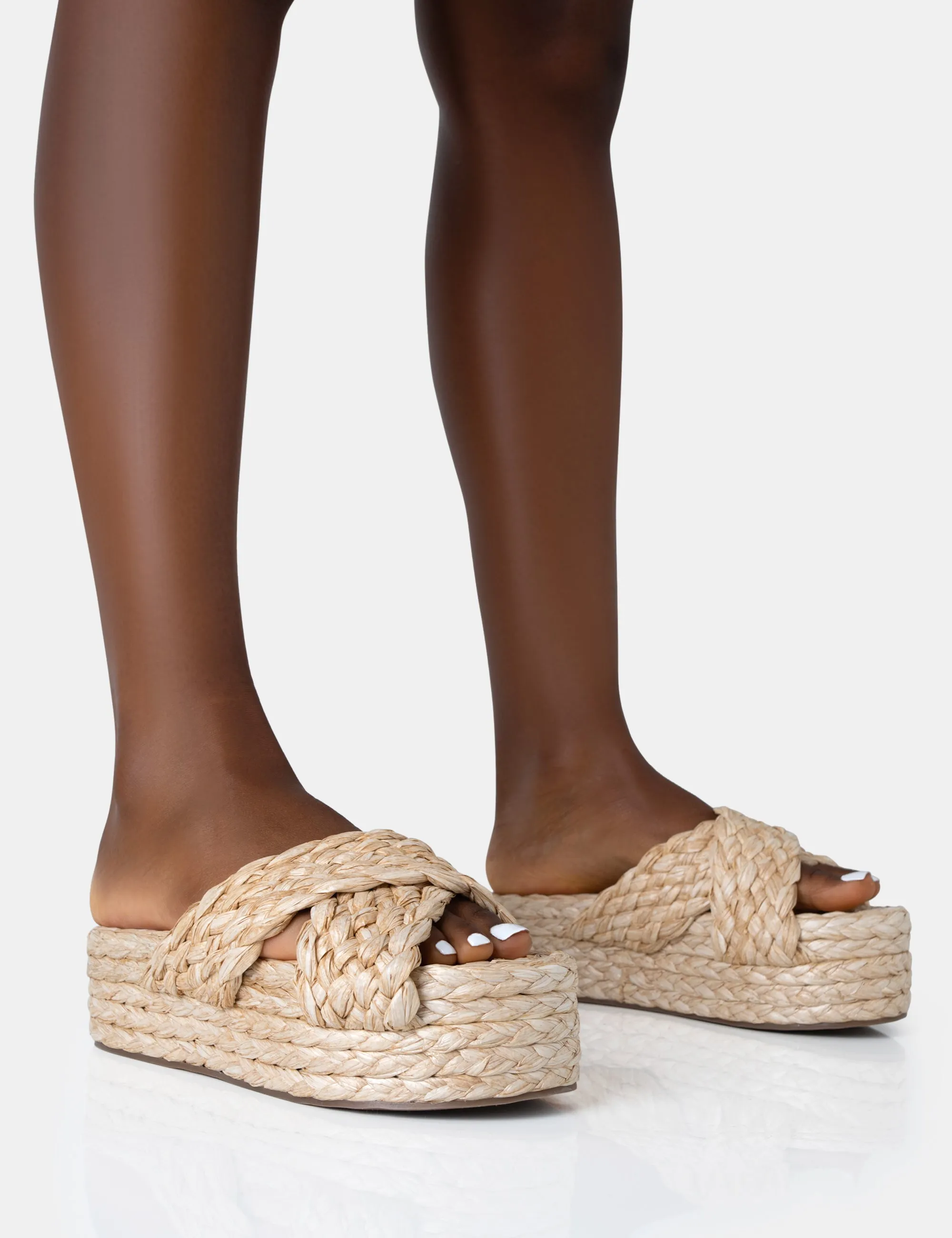 Kos Natural Raffia Cross Over Strap Slip On Flatform Sandals sold by Public Desire