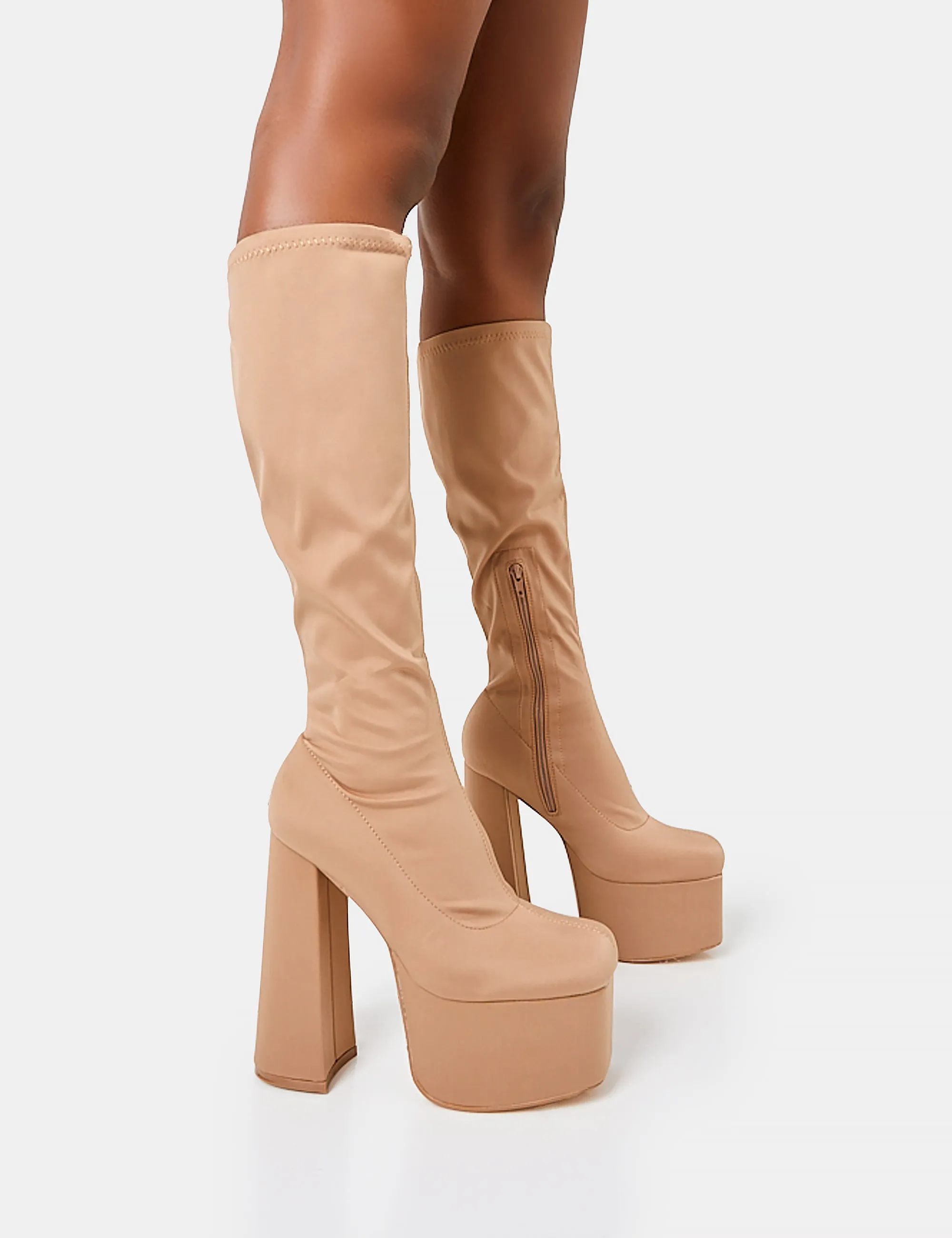 Polished Taupe Nylon Platform Rounded Block Heeled Knee High Boots sold by Public Desire