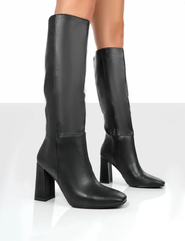 Dream On Black Knee High Block Heel Boots sold by Public Desire