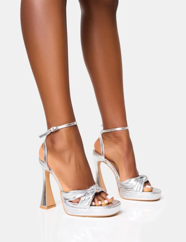 Trendsetter Silver Knot Detail Flare Platform Heels sold by Public Desire