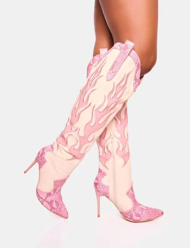 Jacksonville Pink Flame Motif Western Stiletto Heel Over the Knee Boot sold by Public Desire
