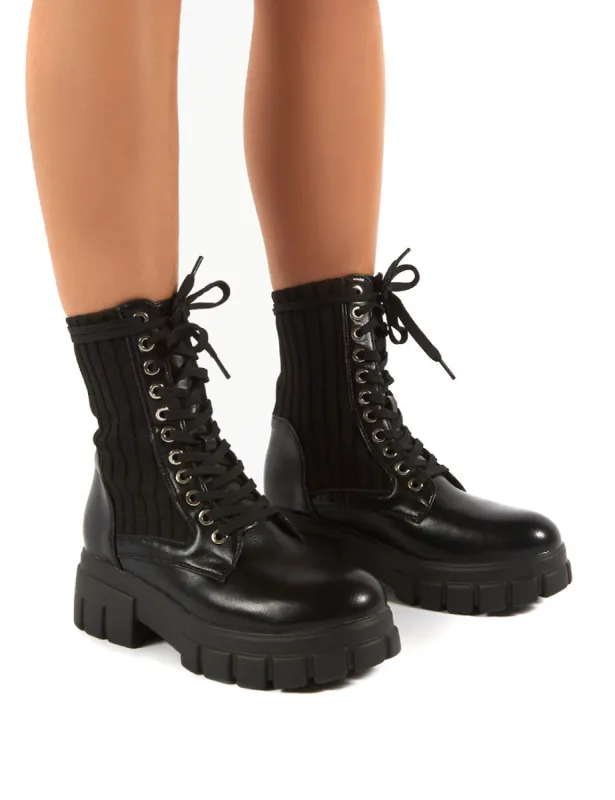 Asta Black Chunky Sole Knitted Detail Lace Up Ankle Boots sold by Public Desire