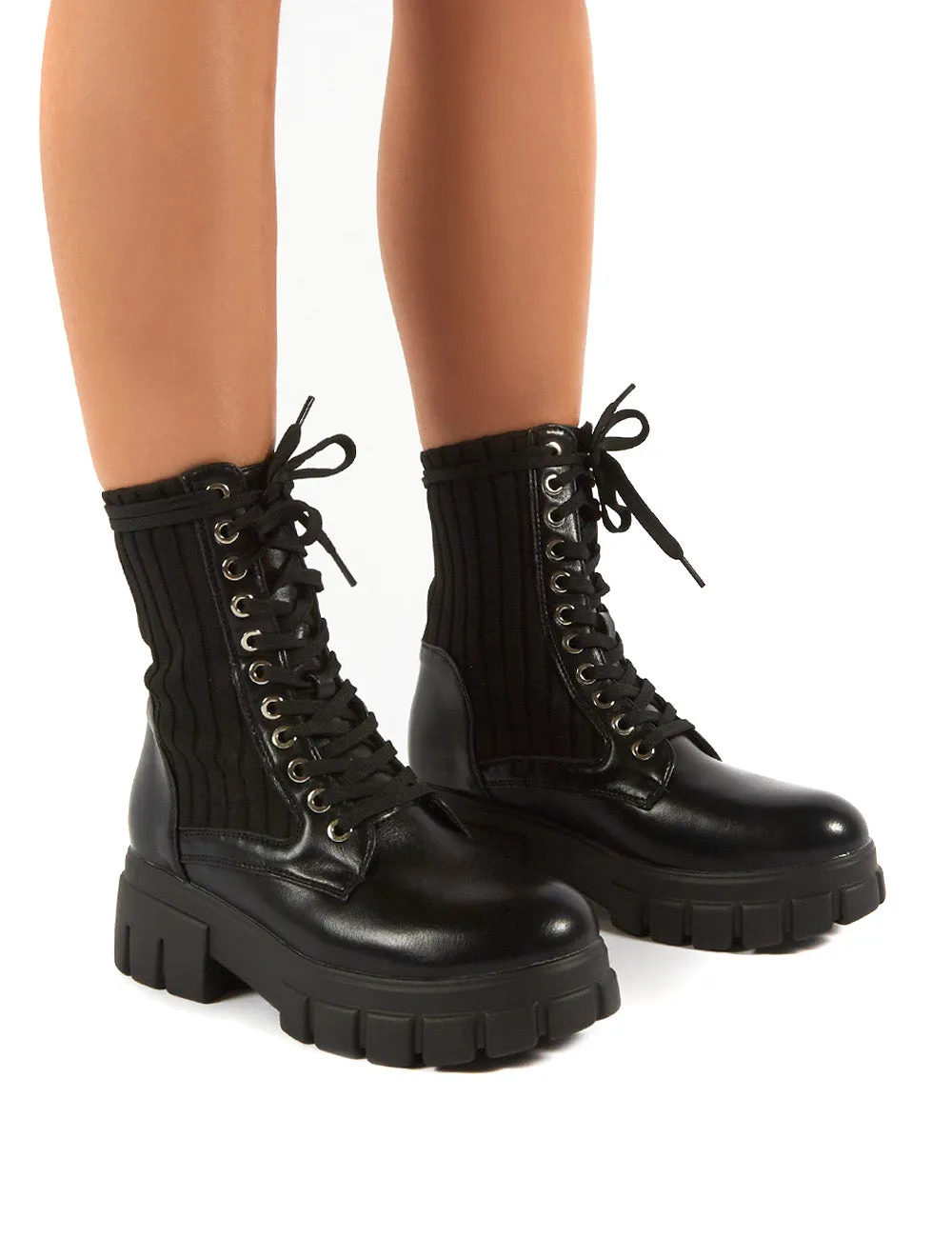Asta Black Chunky Sole Knitted Detail Lace Up Ankle Boots sold by Public Desire