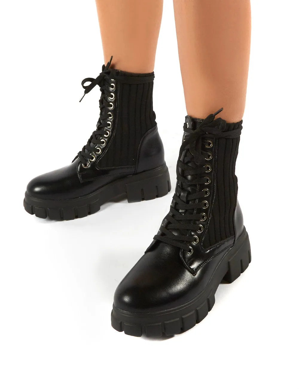 Asta Black Chunky Sole Knitted Detail Lace Up Ankle Boots sold by Public Desire product image thumbnail 4