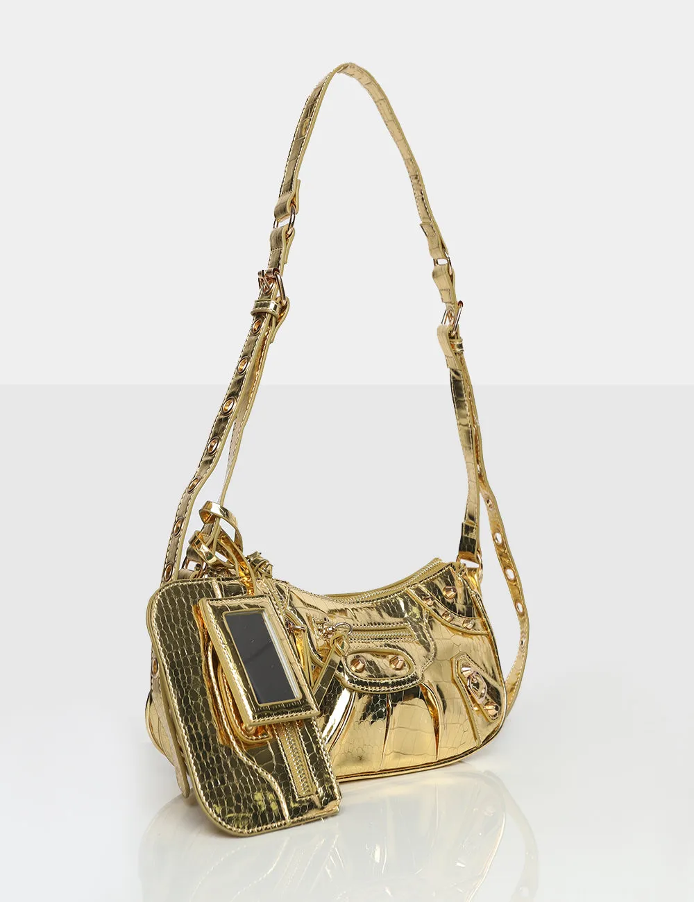 The Trackstar Metallic Gold Croc Pu Studded Mirror Zip Detail Handbag sold by Public Desire product image thumbnail 2