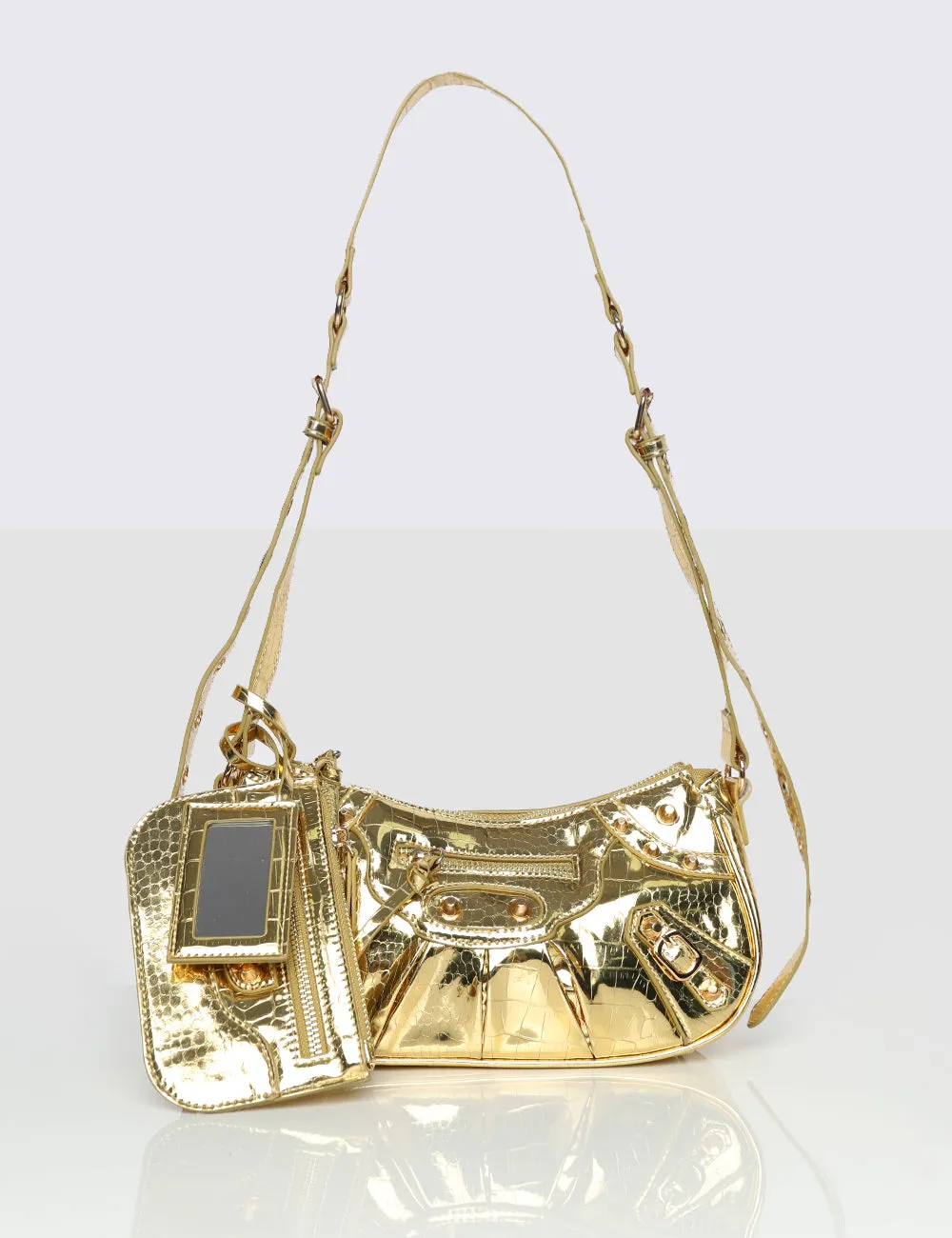 The Trackstar Metallic Gold Croc Pu Studded Mirror Zip Detail Handbag sold by Public Desire