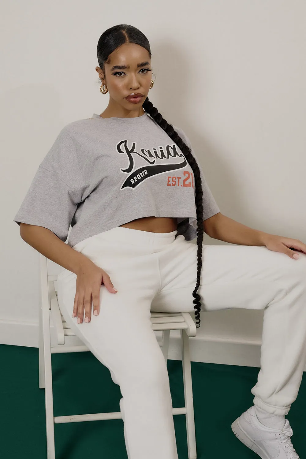 Varsity Embroidery Cropped T-Shirt Grey Marl sold by Public Desire