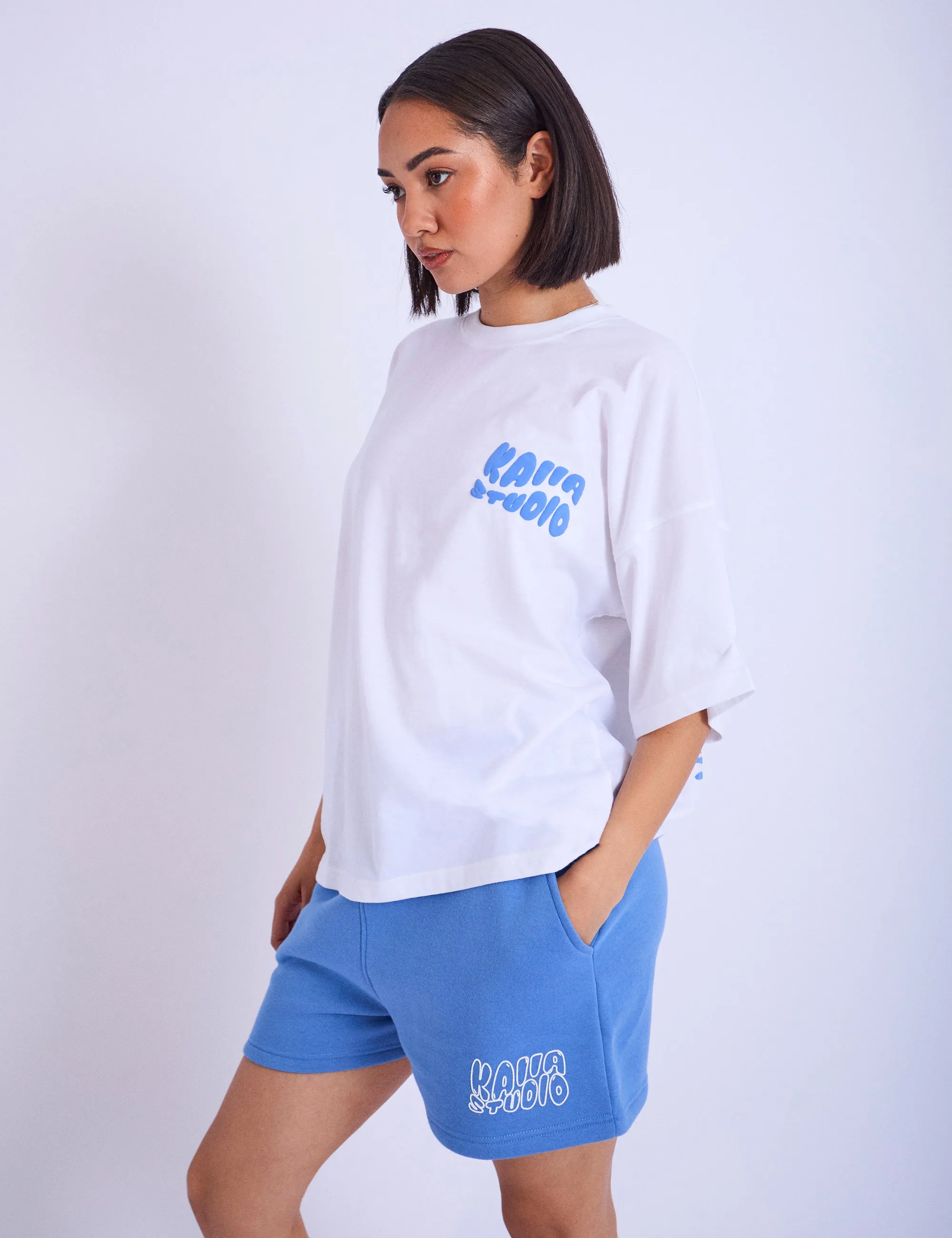 Kaiia Studio Palm Tree Bubble Logo Oversized T-shirt White & Blue sold by Public Desire