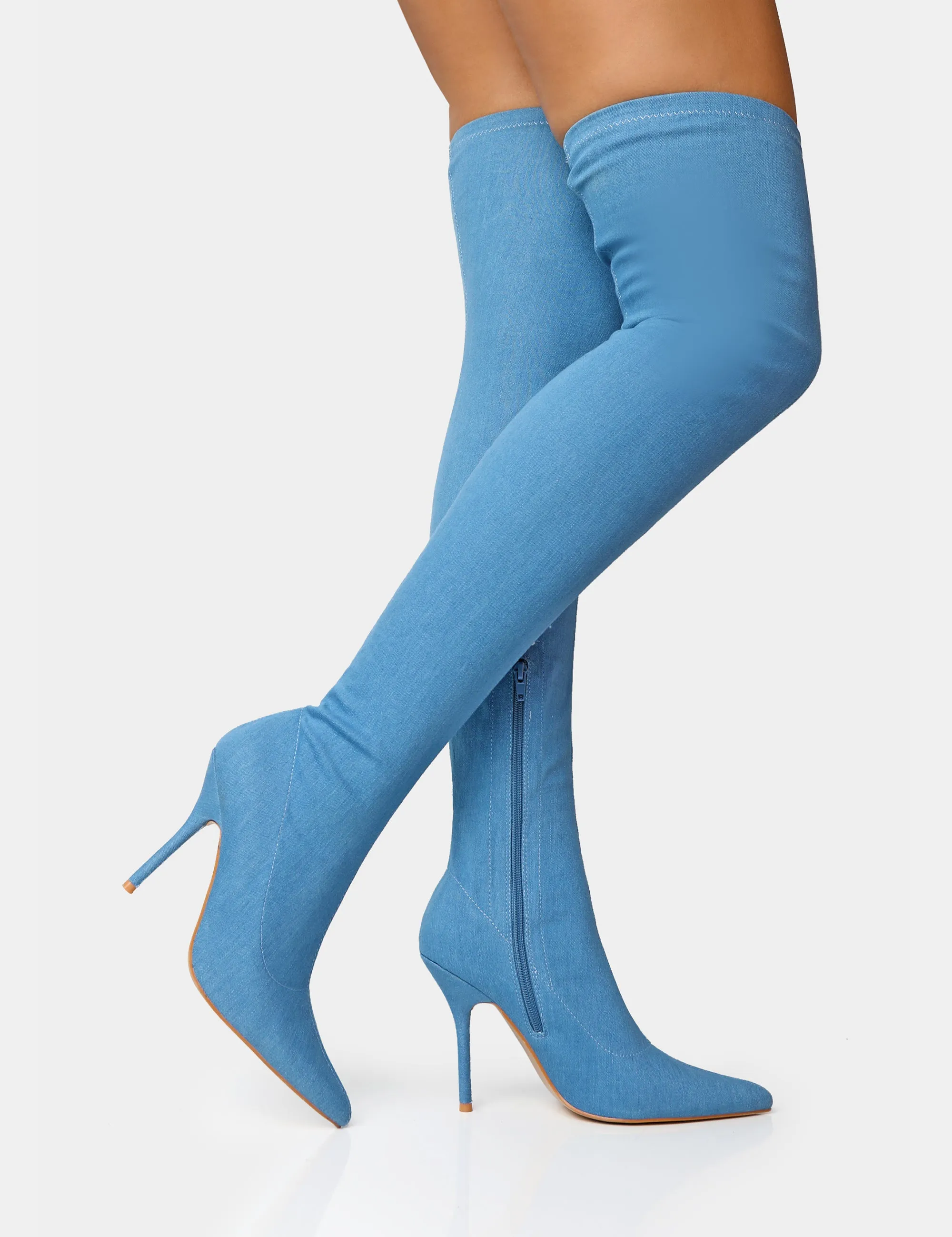 Jodie Blue Denim Seam Detail Pointed Toe Stiletto Over The Knee Boots sold by Public Desire product image thumbnail 3