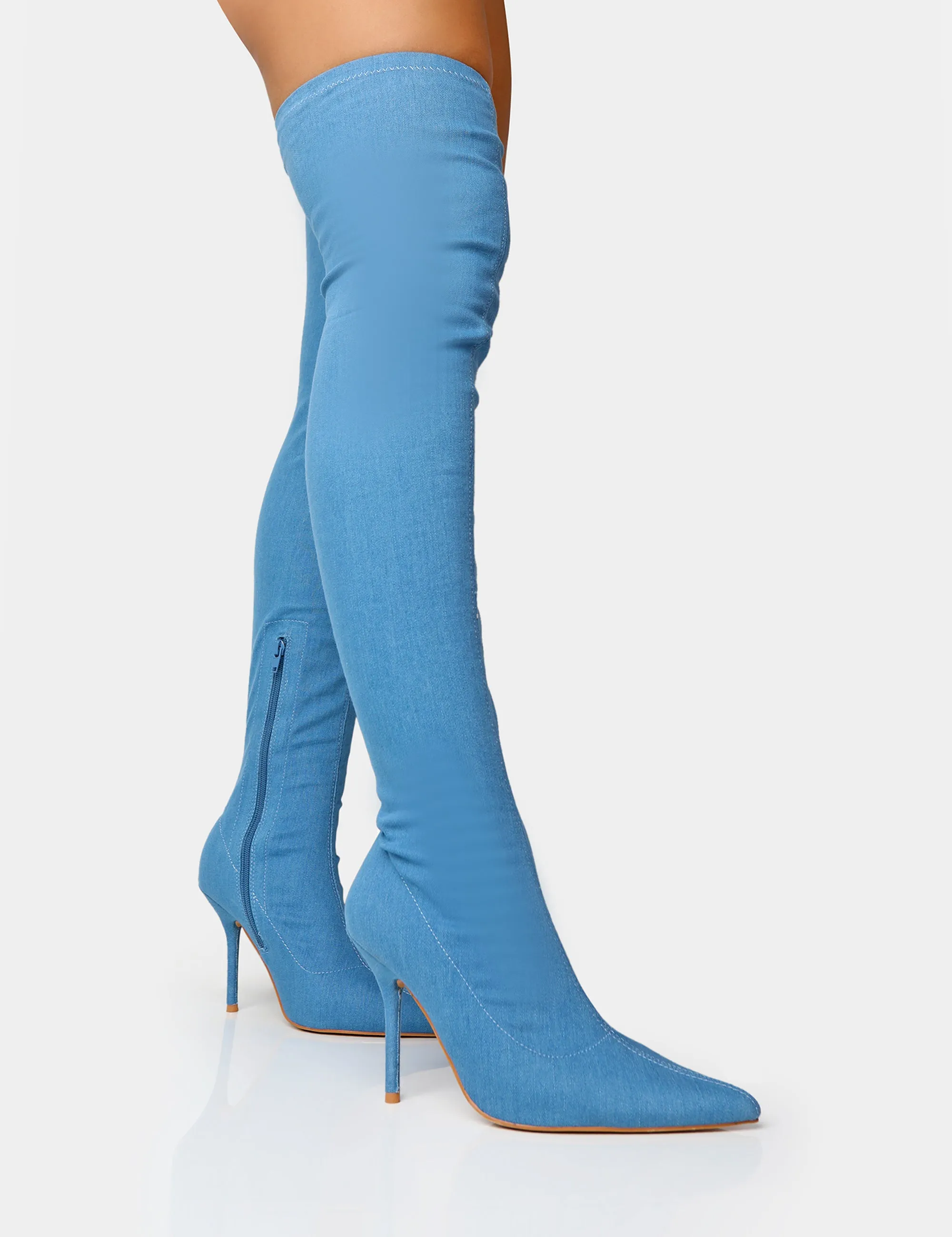 Jodie Blue Denim Seam Detail Pointed Toe Stiletto Over The Knee Boots sold by Public Desire product image thumbnail 4