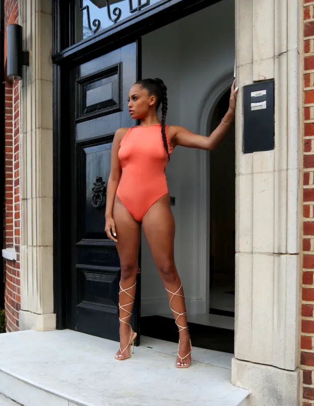 Amber x Public Desire racer front bodysuit orange made by Public Desire