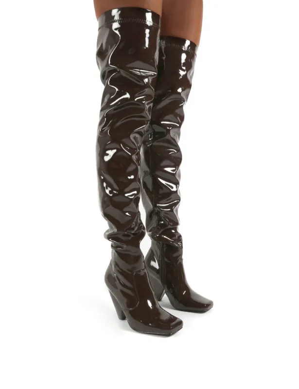 Conquer Chocolate Patent Thigh High Over The Knee Square Toe Cone Block Heeled Boots sold by Public Desire