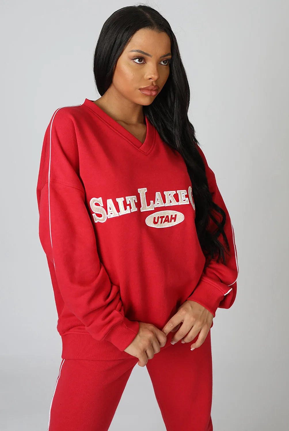 Oversized Varsity Piping Detail Sweatshirt Red sold by Public Desire