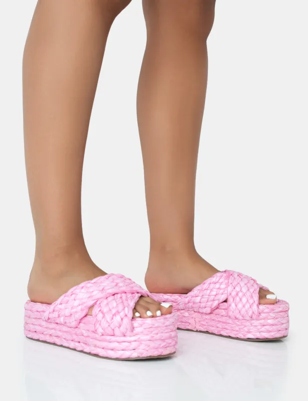 Kos Pink Raffia Cross Over Strap Slip On Flatform Sandals sold by Public Desire