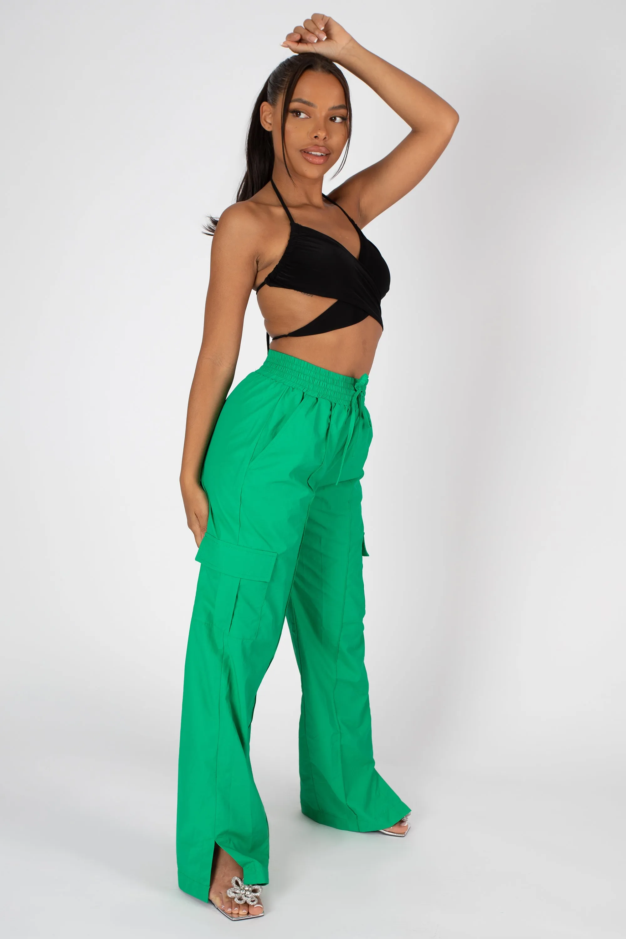 Split Hem Wide Leg Cargo Pocket Trouser Green sold by Public Desire