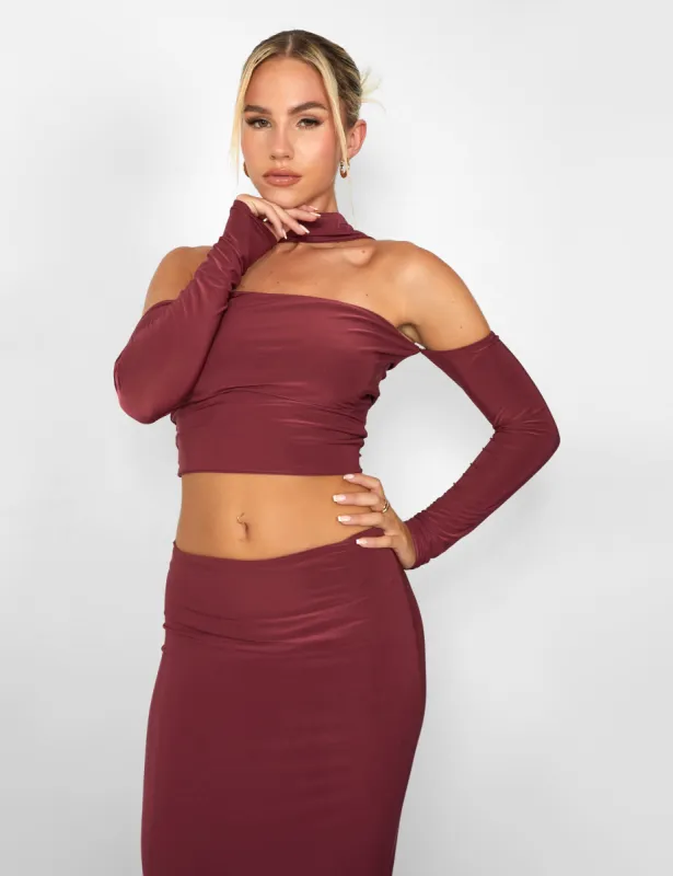 Kaiia Bardot Choker Detail Top in Burgundy sold by Public Desire