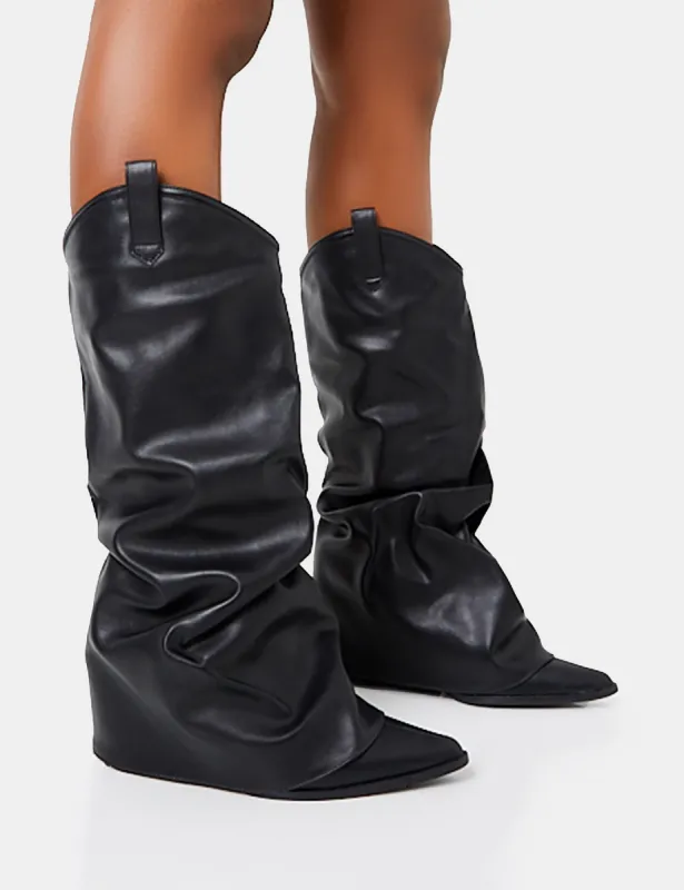 Sheriff Black Pu Western Inspired Fold Over Pointed Toe Block Heeled Cowboy Knee High Boots sold by Public Desire