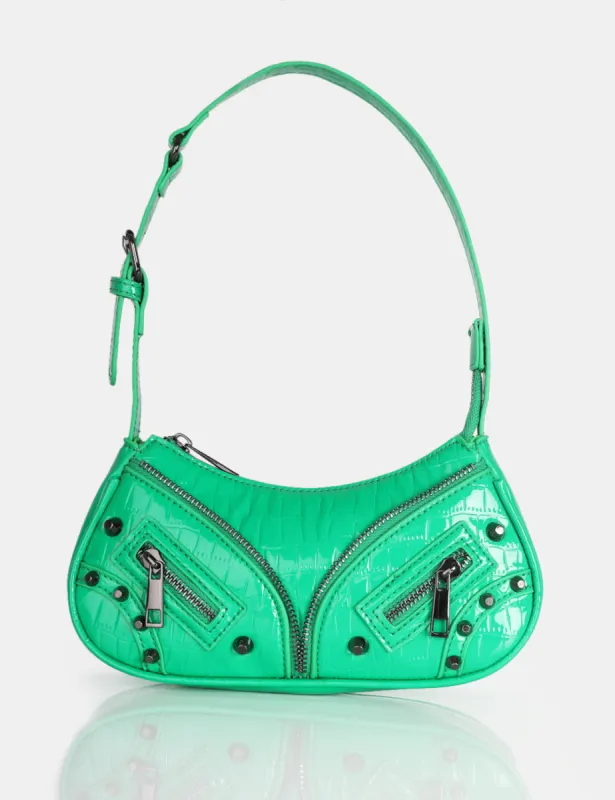 The Candice Zip Detailed Neon Green Croc Shoulder Bag sold by Public Desire