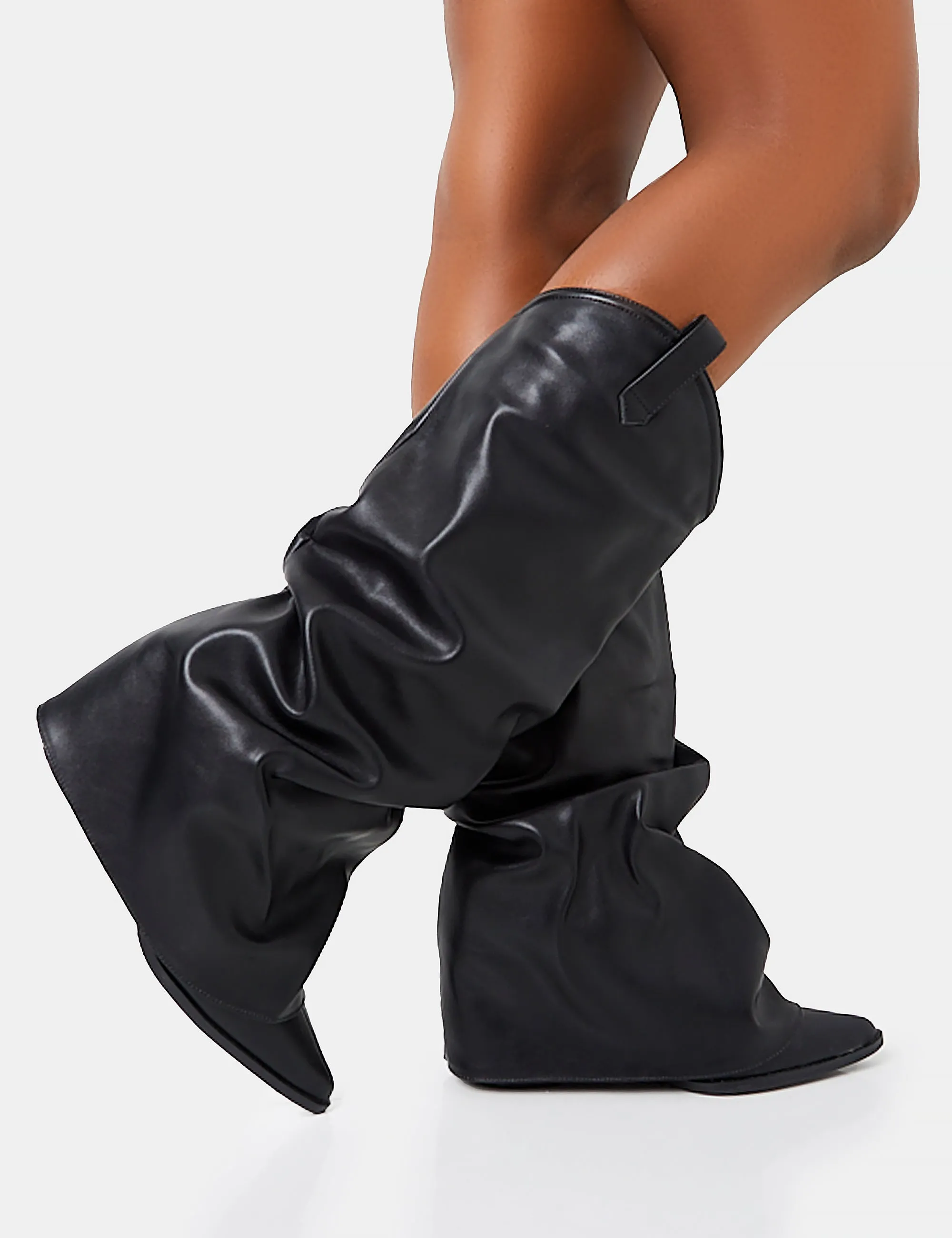 Sheriff Black Pu Western Inspired Fold Over Pointed Toe Block Heeled Cowboy Knee High Boots sold by Public Desire product image thumbnail 2