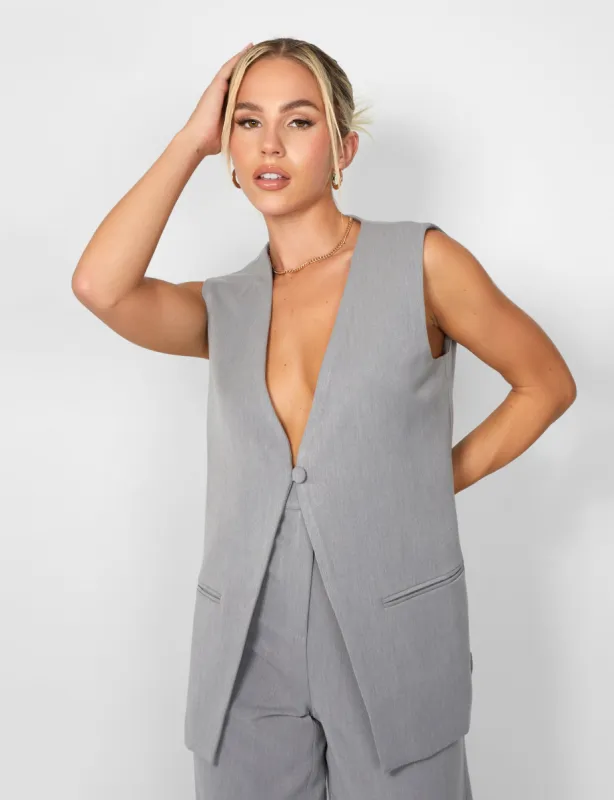 Kaiia Tailored Button Detail Longline Top Co-ord in Grey sold by Public Desire
