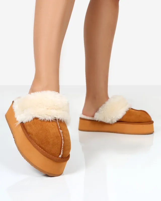Cosy Chestnut Brown Faux Suede Platform Slider Slippers sold by Public Desire