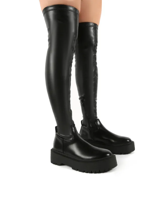 Charly Black Pu Chunky Sole Over The Knee Boots sold by Public Desire