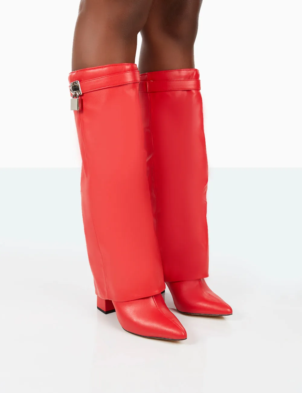 Echo Red Grain Pu Pointed Toe Knee High Block Boots sold by Public Desire