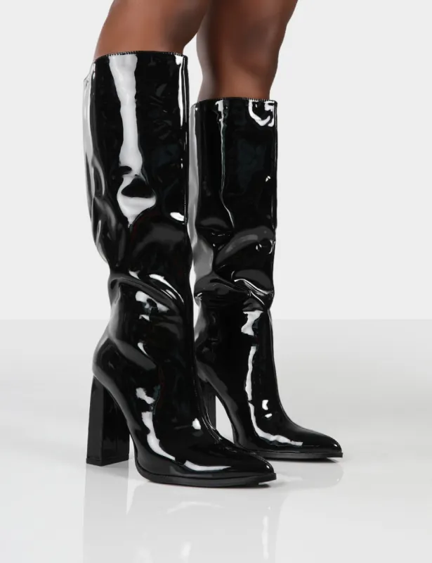 Posie Black Patent Wide Fit Knee High Block Heel Boots sold by Public Desire