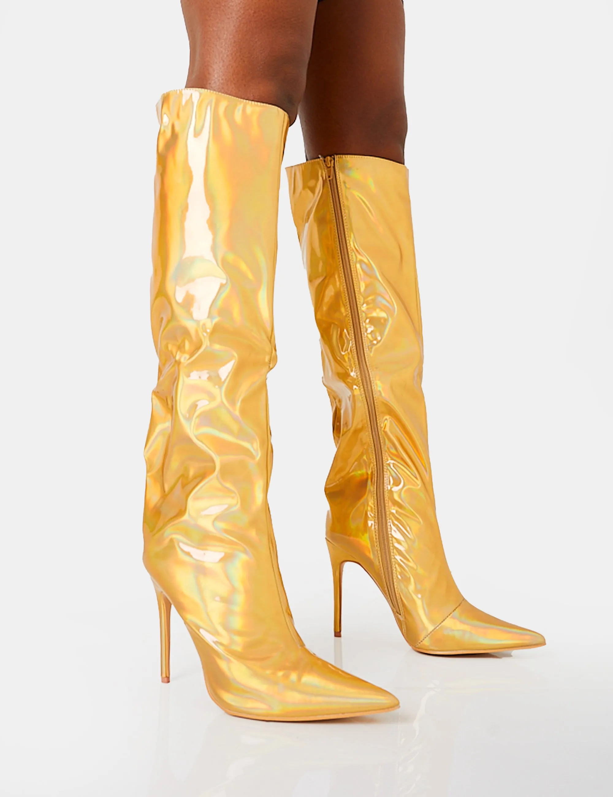 Tai Wide Fit Gold Metallic Pointed Toe Stiletto Knee High Boots sold by Public Desire