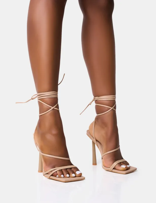 Bad Gal Nude Strappy Lace Up Square Toe Heels sold by Public Desire