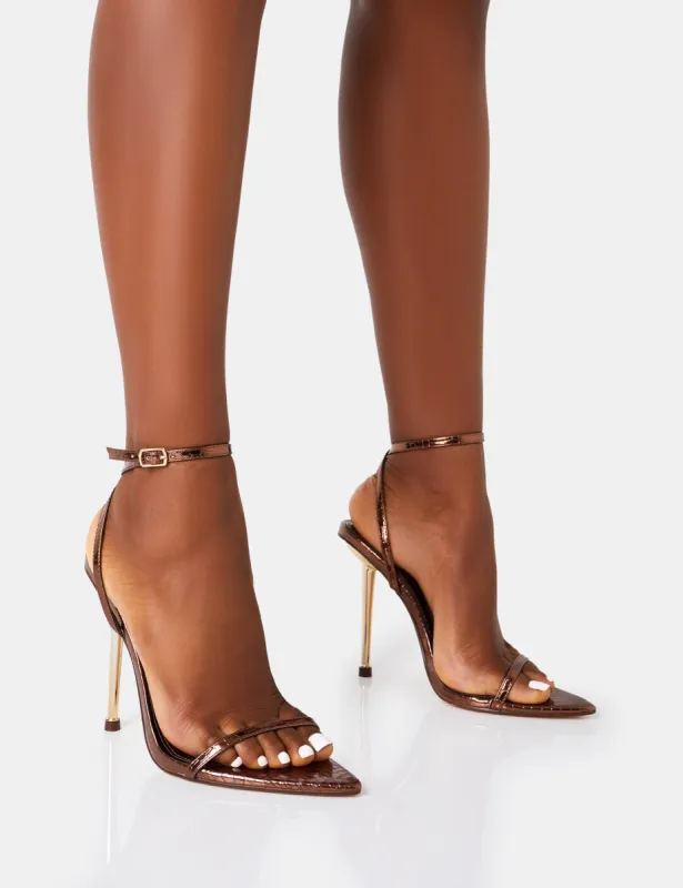Legacy Bronze Croc Barely There Pointed Toe Gold Stiletto Heels sold by Public Desire