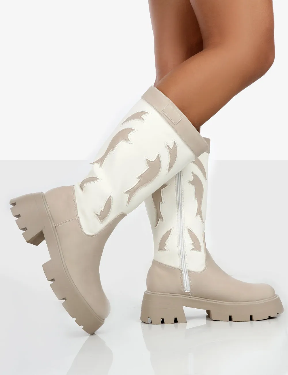 Fly Away Ecru Pu Western Cowboy Platform Chunky Sole Knee High Boots sold by Public Desire product image thumbnail 3