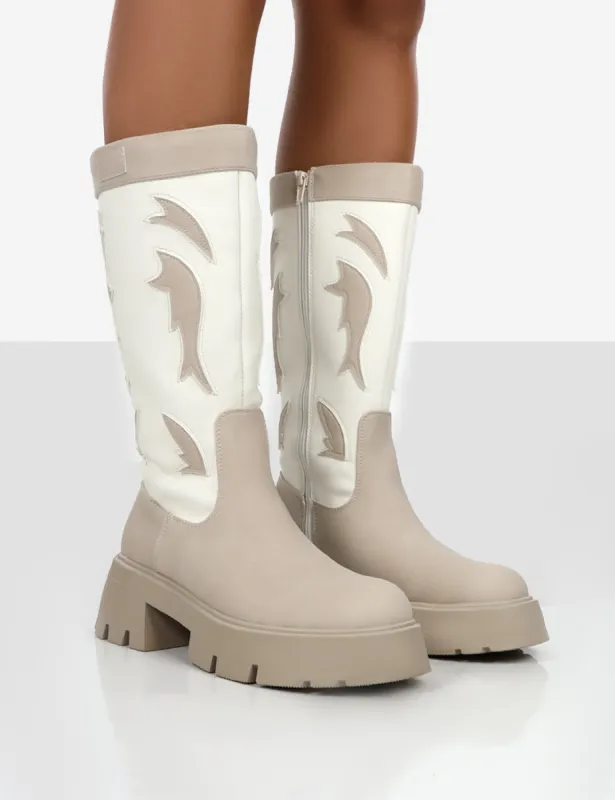 Fly Away Ecru Pu Western Cowboy Platform Chunky Sole Knee High Boots sold by Public Desire