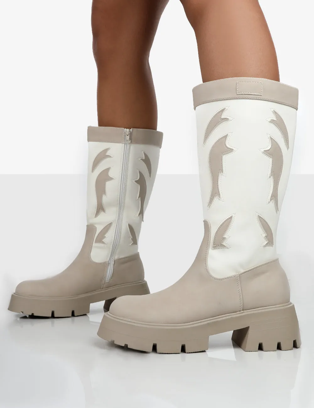 Fly Away Ecru Pu Western Cowboy Platform Chunky Sole Knee High Boots sold by Public Desire product image thumbnail 4