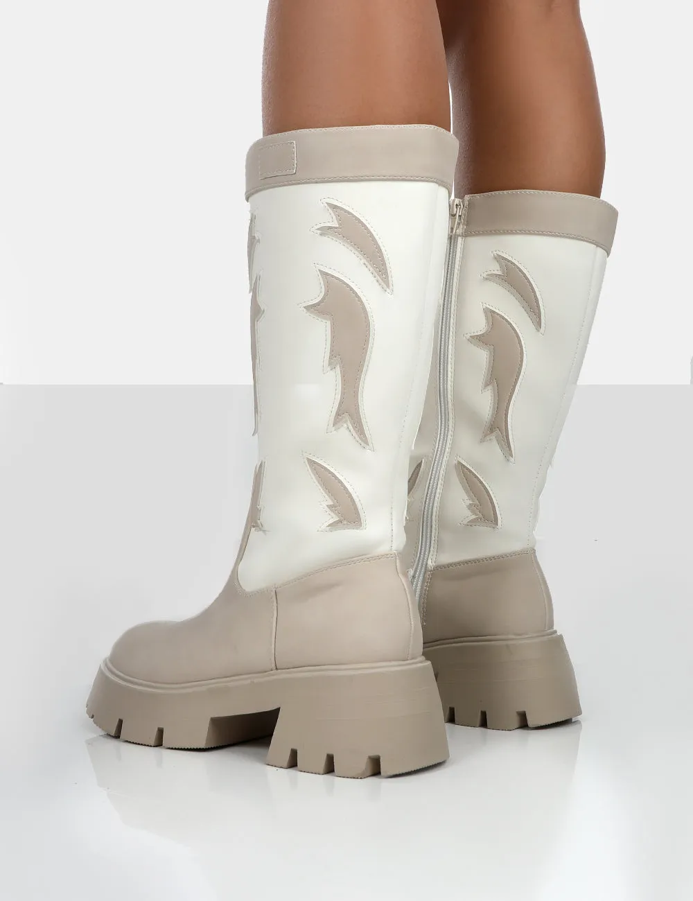 Fly Away Ecru Pu Western Cowboy Platform Chunky Sole Knee High Boots sold by Public Desire product image thumbnail 5