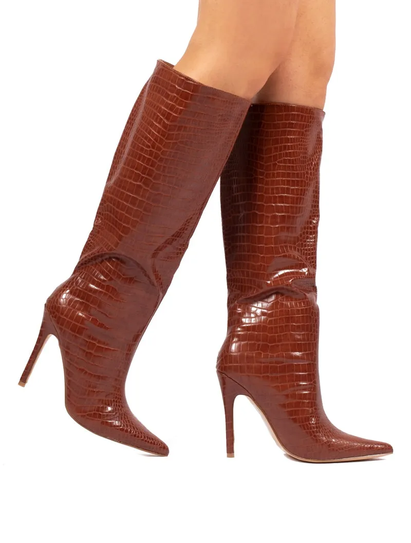 Define Tan Croc Stiletto Heeled Boots sold by Public Desire